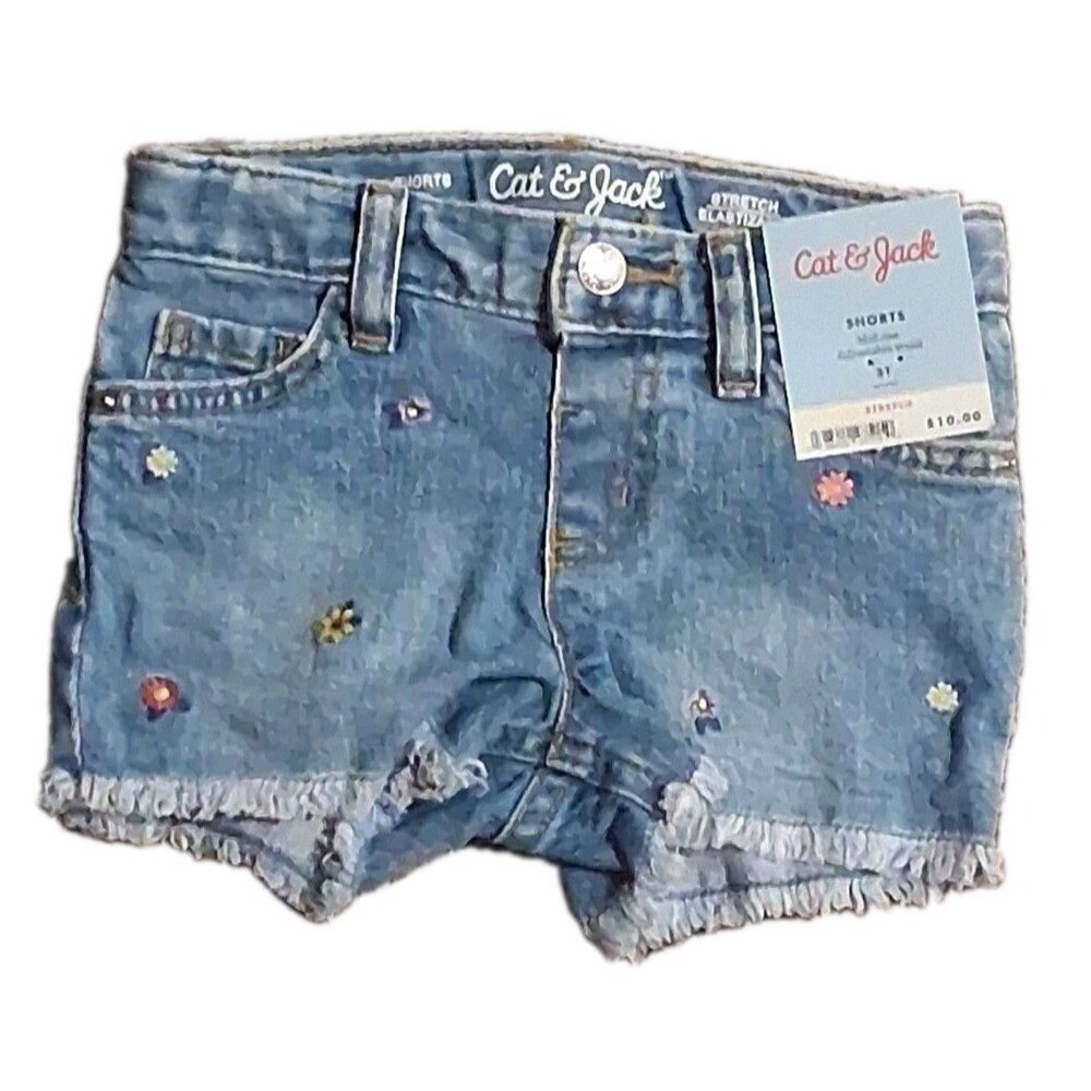 Cat & Jack Denim Shorts 2T Unisex Floral Adjustable Waist Stretch